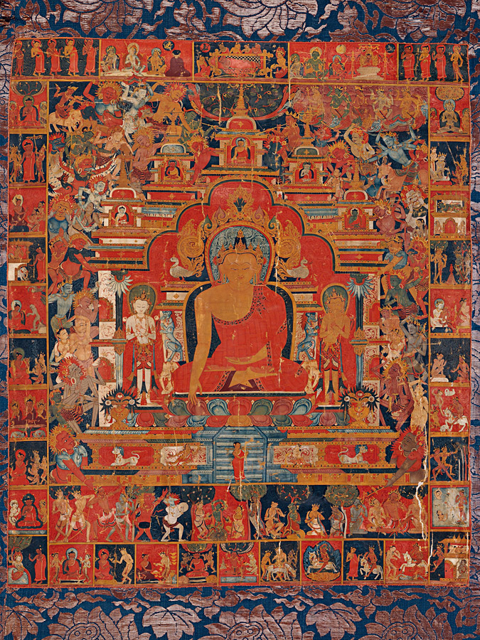Thangka reprenant des scènes de la vie du Buddha Sh?kyamuni