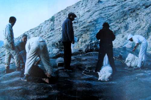 Sous la direction de Tchampa (à droite) les dépeceurs ont commencé leur travail. Ligotés et enveloppés d’un drap, les corps ont été déposés sur un rocher. Une fois dépouillés de leur linceul, ils sont arrimés à une pierre afin d’être alignés par rapport au sommet de l’autel.